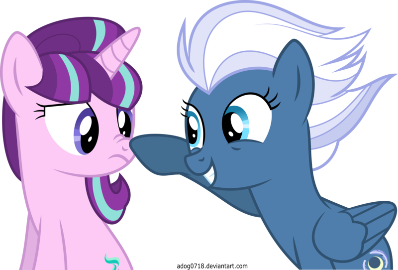 Size: 8769x5942 | Tagged: safe, artist:adog0718, derpibooru import, night glider, starlight glimmer, pegasus, pony, unicorn, absurd resolution, boop, cute, female, frown, glideabetes, glimmerbetes, grin, mare, nose wrinkle, raised hoof, simple background, smiling, squee, transparent background, vector