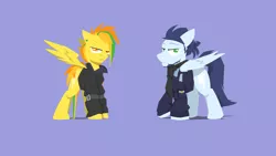 Size: 1280x720 | Tagged: safe, artist:captainhoers, derpibooru import, soarin', spitfire, pegasus, pony, beard, clothes, cutie mark, dyed mane, female, hooves, implied soarinfire, jacket, lineless, looking at you, male, mare, older, purple background, scarf, shipping, simple background, soarinfire, spread wings, stallion, straight, topknot, wings, wonderbolts