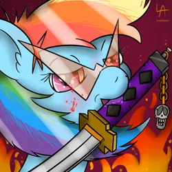 Size: 1024x1024 | Tagged: anime, artist:lordaussie, derpibooru import, kamina sunglasses, katana, mouth hold, rainbow dash, safe, solo, sword, tengen toppa gurren lagann, weapon