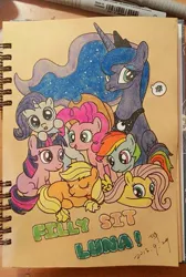 Size: 605x899 | Tagged: safe, artist:whit3-dr4g0n, derpibooru import, applejack, fluttershy, pinkie pie, princess luna, rainbow dash, rarity, twilight sparkle, babysitting, filly, frustrated, hatless, mane six, missing accessory, scrunchy face, traditional art, younger