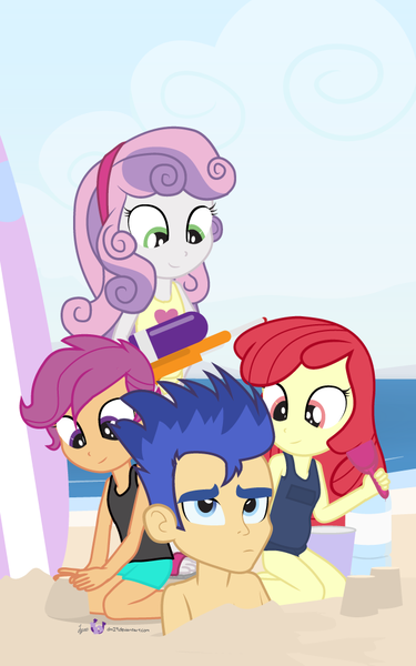 Size: 625x1000 | Tagged: safe, artist:dm29, derpibooru import, apple bloom, flash sentry, scootaloo, sweetie belle, equestria girls, beach, buried, clothes, cutie mark crusaders, down under summer, one-piece swimsuit, squirt gun, surfboard, swimsuit, tanktop, watergun