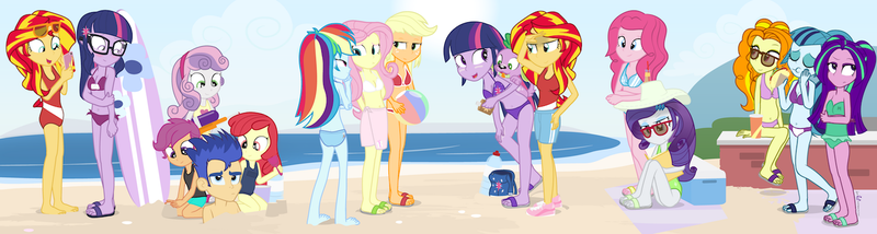 Size: 1492x400 | Tagged: safe, artist:dm29, derpibooru import, adagio dazzle, apple bloom, applejack, aria blaze, flash sentry, fluttershy, pinkie pie, rainbow dash, rarity, sci-twi, scootaloo, sonata dusk, spike, sunset shimmer, sweetie belle, twilight sparkle, dog, equestria girls, friendship games, rainbow rocks, beach, belly button, bikini, clothes, cutie mark crusaders, down under summer, final form, hat, human sunset, sandals, sarong, self paradox, shorts, skirt, spike the dog, sun hat, swimsuit, twolight, wrap skirt