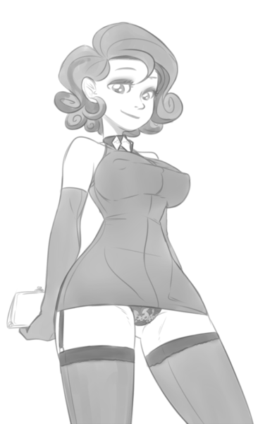 Size: 785x1200 | Tagged: artist:reiduran, breasts, busty rarity, clothes, dead source, derpibooru import, dress, erect nipples, evening gloves, female, garters, gloves, grayscale, human, humanized, looking at you, monochrome, nipple outline, nipples, panties, purse, questionable, rarity, sketch, skirt, socks, solo, solo female, thigh highs, underwear, upskirt, zettai ryouiki