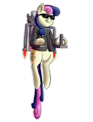 Size: 2500x3280 | Tagged: safe, artist:mrw32, artist:rubywave32, derpibooru import, bon bon, sweetie drops, earth pony, pony, bon bond, collaboration, james bond, jetpack, parody, secret agent sweetie drops, simple background, solo, sunglasses, thunderball, transparent background