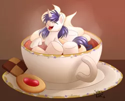 Size: 1280x1027 | Tagged: safe, artist:sugaryviolet, derpibooru import, oc, oc:jade, unofficial characters only, pony, chocolate, cookie, cup, cup of pony, cute, food, happy, hot chocolate, marshmallow, micro, teacup