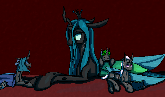 Size: 540x318 | Tagged: artist:graytr, changeling, changeling queen, cute, cutealis, cuteling, derpibooru import, female, mare, mommy chrissy, nymph, oc, oc:bucketling, oc:spotted record, oc:synch, purple changeling, queen chrysalis, safe, size difference