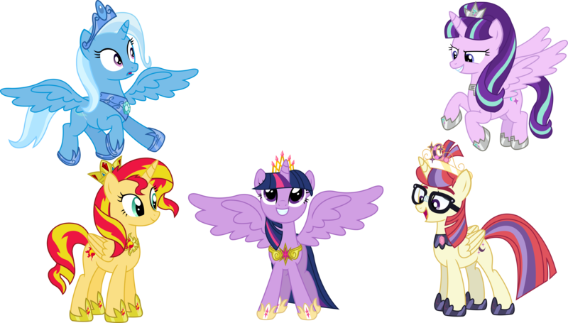 Size: 3771x2145 | Tagged: safe, artist:sketchmcreations, derpibooru import, moondancer, starlight glimmer, sunset shimmer, trixie, twilight sparkle, twilight sparkle (alicorn), alicorn, pony, alicornified, alternate timeline, alternate universe, counterparts, crown, cute, dancerbetes, diatrixes, everyone is an alicorn, flying, glare, glimmerbetes, grin, magical quartet, magical quintet, magical trio, moondancercorn, new crown, open mouth, race swap, shimmerbetes, shimmercorn, simple background, smiling, smirk, spread wings, squee, starlicorn, this will end in timeline distortion, tiara, transparent background, trixiecorn, twiabetes, twilight's counterparts, vector, xk-class end-of-the-world scenario