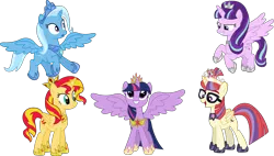 Size: 3771x2145 | Tagged: safe, artist:sketchmcreations, derpibooru import, moondancer, starlight glimmer, sunset shimmer, trixie, twilight sparkle, twilight sparkle (alicorn), alicorn, pony, alicornified, alternate timeline, alternate universe, counterparts, crown, cute, dancerbetes, diatrixes, everyone is an alicorn, flying, glare, glimmerbetes, grin, magical quartet, magical quintet, magical trio, moondancercorn, new crown, open mouth, race swap, shimmerbetes, shimmercorn, simple background, smiling, smirk, spread wings, squee, starlicorn, this will end in timeline distortion, tiara, transparent background, trixiecorn, twiabetes, twilight's counterparts, vector, xk-class end-of-the-world scenario