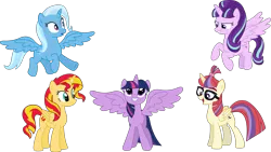 Size: 3771x2130 | Tagged: safe, artist:sketchmcreations, derpibooru import, moondancer, starlight glimmer, sunset shimmer, trixie, twilight sparkle, twilight sparkle (alicorn), alicorn, pony, alicornified, alternate timeline, counterparts, cute, dancerbetes, diatrixes, everyone is an alicorn, flying, glare, glimmerbetes, grin, magical quartet, magical quintet, magical trio, moondancercorn, open mouth, race swap, shimmerbetes, shimmercorn, simple background, smiling, smirk, spread wings, squee, starlicorn, transparent background, trixiecorn, twiabetes, twilight's counterparts, vector, xk-class end-of-the-world scenario