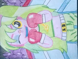 Size: 1889x1419 | Tagged: safe, artist:toyminator900, derpibooru import, lemon zest, equestria girls, bandage, belly button, boxing, boxing gloves, clothes, midriff, sideways image, solo, sports bra, traditional art, wink