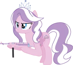 Size: 553x490 | Tagged: alternate hairstyle, anatomically incorrect, artist:stu-artmcmoy17, derpibooru import, diamond tiara, frown, glare, gun, holster, hoof hold, incorrect leg anatomy, mp40, older, older diamond tiara, safe, simple background, solo, transparent background, walther p38, weapon