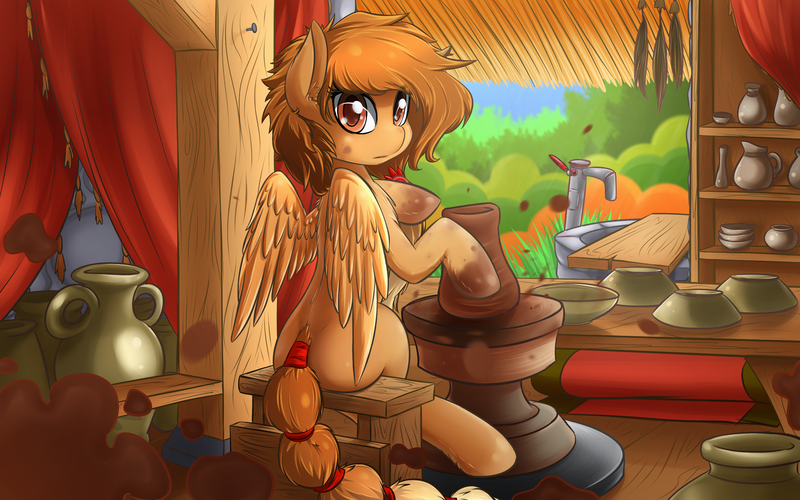 Size: 2520x1575 | Tagged: artist, artist:malifikyse, derpibooru import, looking at you, looking back, oc, oc:lux, pottery, pottery wheel, safe, sculpting, sculptor, solo, unofficial characters only