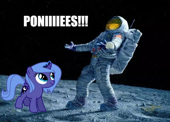 Size: 677x486 | Tagged: artist:alan bean, artist:gordontheonefreemane, astronaut, derpibooru import, edit, filly, human, image macro, luna and the nauts, meme, moon, princess luna, safe, space, spacesuit, text, woona