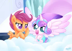 Size: 1279x916 | Tagged: safe, artist:imoshie, derpibooru import, princess flurry heart, scootaloo, spoiler:s06, annoyed, cute, cutealoo, flurrybetes, flurry heart vs scootaloo, heart eyes, jealous, rattle, scootaloo can't fly, scootaloo is not amused, wingding eyes