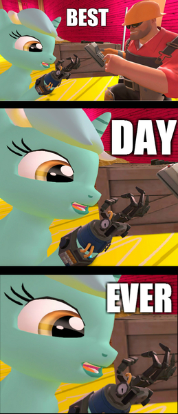 Size: 520x1203 | Tagged: safe, artist:gordontheonefreemane, derpibooru import, lyra heartstrings, human, pony, unicorn, 3d, cute, engineer, excited, eyes on the prize, female, gmod, gunslinger (tf2), hand, happy, image macro, lyra's humans, lyrabetes, mare, mechanical hands, meme, open mouth, prosthetic limb, prosthetics, smiling, team fortress 2, that pony sure does love hands, xk-class end-of-the-world scenario