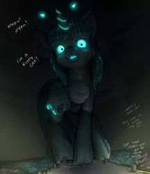 Size: 951x1102 | Tagged: safe, artist:alloyrabbit, derpibooru import, oc, oc:orchid, unofficial characters only, kaiju, kaiju pony, pony, adoracreepy, antennae, behaving like a cat, blushing, clothes, creepy, cute, glowing eyes, glowing horn, looking at you, macro, monster mare, open mouth, pier, raised hoof, smiling, socks, solo