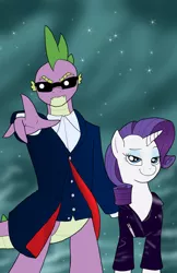 Size: 719x1112 | Tagged: safe, artist:bico-kun, derpibooru import, rarity, spike, crossover, doctor who, female, male, older, older spike, river song, shipping, sparity, straight, sunglasses, twelfth doctor