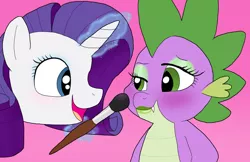 Size: 1024x663 | Tagged: safe, artist:bico-kun, derpibooru import, rarity, spike, blushing, brush, eyeshadow, female, lipstick, magic, makeover, makeup, male, shipping, sparity, straight