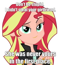 Size: 1847x2048 | Tagged: safe, color edit, derpibooru import, edit, sunset shimmer, equestria girls, catty, colored, cuckold, cuckolding, exploitable meme, human coloration, image macro, implied lesbian, meme, photoshop, solo, waifu thief
