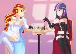 Size: 2000x1440 | Tagged: armpits, artist:jonfawkes, belly button, breasts, busty sunset shimmer, busty twilight sparkle, chess, cleavage, clothes, commission, corset, cosplay, costume, crossed legs, derpibooru import, emma frost, evening gloves, female, females only, gloves, human, humanized, jean grey, midriff, phoenix (x-men), socks, suggestive, sunset shimmer, thigh highs, twilight sparkle, x-men