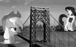 Size: 1920x1200 | Tagged: safe, artist:kishmond, artist:somerandomminion, artist:xpesifeindx, derpibooru import, applejack, rarity, pony, giant pony, giantess, irl, macro, monochrome, new york, new york city, photo, ponies in real life, vector