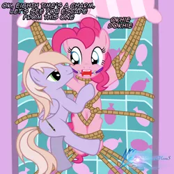 Size: 6000x6000 | Tagged: suggestive, artist:nightmaremoons, derpibooru import, pinkie pie, oc, oc:lavender, absurd resolution, ballgag, bed, bondage, canon x oc, dialogue, female, femsub, gag, male, maledom, pinkiesub, png, rope, shibari, shipping, show accurate, show accurate porn, straight, submissive, tied down
