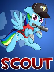 Size: 3000x4000 | Tagged: safe, artist:10art1, derpibooru import, rainbow dash, pegasus, pony, alternate cutie mark, baseball bat, crossover, headset, jumping, rainbow scout, rainbows make me cry, scout, solo, team fortress 2