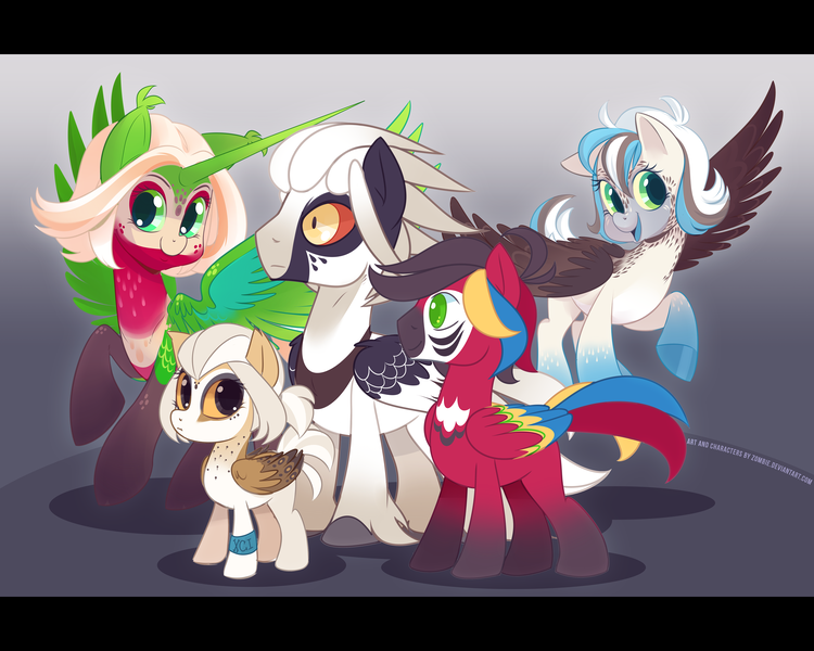 Size: 4500x3600 | Tagged: artist:zombie, barn owl, bearded vulture, bird pone, blue-footed booby, booby, derpibooru import, hummingbird, oc, oc:flitter squeak, oc:kossetsu, oc:percy, oc:sully, oc:yoru, safe, scarlet macaw, unofficial characters only