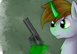 Size: 1426x1000 | Tagged: safe, artist:yori, deleted from derpibooru, derpibooru import, oc, oc:littlepip, unofficial characters only, pony, unicorn, fallout equestria, fanfic, abstract background, fanfic art, female, glowing horn, gun, handgun, horn, levitation, magic, mare, my little pony, revolver, solo, telekinesis, weapon