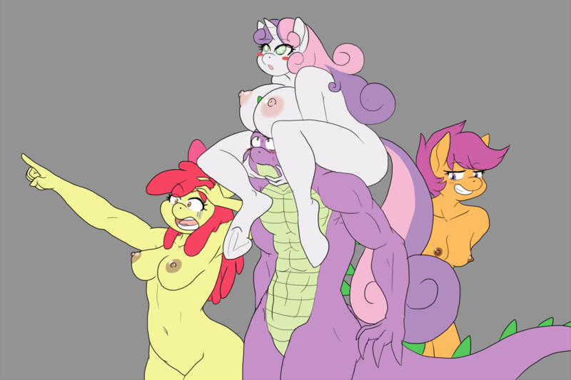 Size: 1200x800 | Tagged: questionable, artist:lurking tyger, derpibooru import, apple bloom, scootaloo, spike, sweetie belle, anthro, unguligrade anthro, abs, armpits, belly button, big breasts, boobhat, breasts, busty apple bloom, busty cmc, busty scootaloo, busty sweetie belle, casual nudity, crusadespike, cutie mark crusaders, draw the squad, featureless crotch, female, huge breasts, nipples, nudity, older, pointing, scootaspike, shoulder ride, spike gets all the mares, spikebelle, spikebloom