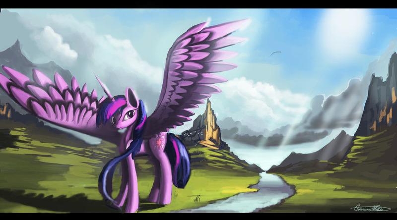 Size: 1199x666 | Tagged: safe, artist:auroriia, derpibooru import, twilight sparkle, twilight sparkle (alicorn), alicorn, pony, cloud, crepuscular rays, female, mare, mountain, river, solo, spread wings, valley