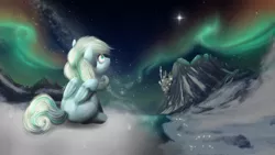 Size: 1775x999 | Tagged: artist:blackligerth, aurora borealis, canterlot, derpibooru import, mountain, night, oc, oc:snowdrop, safe, scenery, snow, solo, stars, unofficial characters only, winter