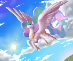 Size: 1024x853 | Tagged: artist:lazyeva, cloud, derpibooru import, eyes closed, flying, princess celestia, safe, solo