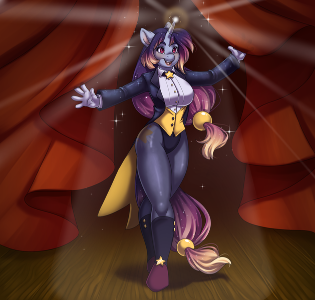 Size: 1376x1313 | Tagged: suggestive, artist:blithedragon, derpibooru import, oc, oc:razzle dazzle, unofficial characters only, anthro, unguligrade anthro, unicorn, adorasexy, anthro oc, big breasts, breasts, clothes, cute, female, magician, sexy, socks, solo, solo female