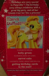 Size: 668x1023 | Tagged: safe, derpibooru import, march daffodil, earth pony, pony, back card, backcard, g3, irl, photo, solo, text