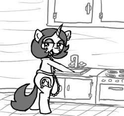 Size: 640x600 | Tagged: safe, artist:ficficponyfic, derpibooru import, oc, oc:joyride, unofficial characters only, pony, unicorn, colt quest, adult, apron, cabinet, clothes, female, horn, kitchen, kitchen sink, mage, mare, oven, sink, smirk, standing, story included, stove, washing