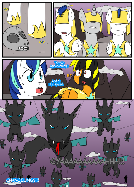 Size: 1244x1737 | Tagged: artist:otakon, changeling, comic:canterlot hero 2, commission, derpibooru import, group, oc, oc:dark thunder, royal guard, safe, shining armor