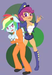 Size: 736x1061 | Tagged: suggestive, artist:sugarmask, derpibooru import, rainbow dash, scootaloo, equestria girls, arrested, belly button, bound wings, clothes, cuffs, eared humanization, frustrated, humanized, midriff, older, police, police uniform, ponied up, prison outfit, prisoner rd, shorts, unamused, wat