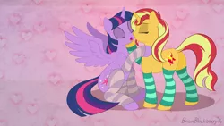 Size: 1920x1080 | Tagged: suggestive, artist:brianblackberry, derpibooru import, sunset shimmer, twilight sparkle, twilight sparkle (alicorn), alicorn, pony, unicorn, adorasexy, clothes, cute, dock, eyes closed, female, imminent kissing, implied lesbian, leg warmers, lesbian, plot, romance, sexy, shipping, simple background, stripes, sunsetsparkle