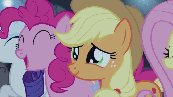 Size: 560x315 | Tagged: animated, applejack, crying, derpibooru import, fluttershy, pinkie pie, rarity, safe, screencap, the mane attraction