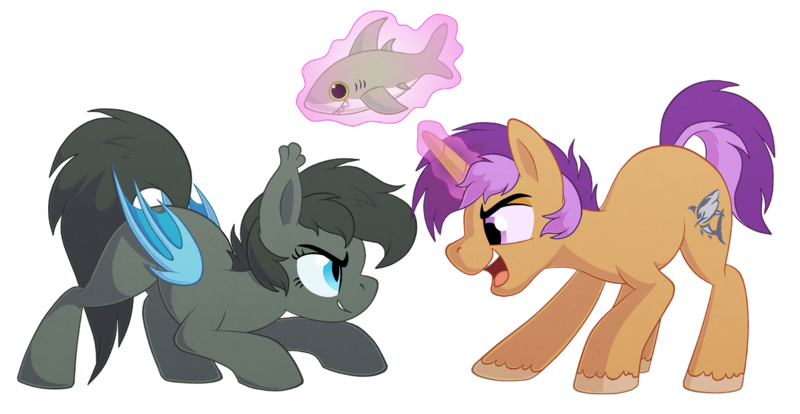 Size: 1394x722 | Tagged: safe, artist:thegamblehorse, deleted from derpibooru, derpibooru import, oc, oc:seachell, oc:sharkbutt, unofficial characters only, bat pony, pony, shark, unicorn, female, magic, male, mare, plushie, shark plushie, sharkchell, simple background, stallion, transparent background