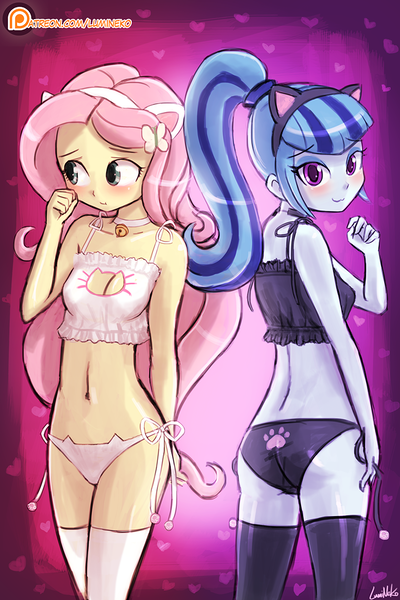 Size: 750x1125 | Tagged: dead source, suggestive, artist:lumineko, derpibooru import, fluttershy, sonata dusk, equestria girls, :3, :t, adorasexy, ass, bell, bell collar, belly button, black underwear, blushing, bra, breasts, cat ears, cat keyhole bra set, cat lingerie, cleavage, clothes, collar, crop top bra, cute, duo, female, females only, fluttercat, frilly underwear, lingerie, looking at you, looking away, looking back, midriff, panties, patreon, patreon logo, paw print underwear, photoshop, sexy, shy, shyabetes, side knot underwear, smiling, socks, sonatabetes, sonyata dusk, sweet dreams fuel, thigh highs, underwear, white underwear