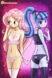 Size: 750x1125 | Tagged: dead source, suggestive, artist:lumineko, derpibooru import, fluttershy, sonata dusk, equestria girls, :3, :t, adorasexy, ass, bell, bell collar, belly button, black underwear, blushing, bra, breasts, cat ears, cat keyhole bra set, cat lingerie, cleavage, clothes, collar, crop top bra, cute, duo, female, females only, fluttercat, frilly underwear, lingerie, looking at you, looking away, looking back, midriff, panties, patreon, patreon logo, paw print underwear, photoshop, sexy, shy, shyabetes, side knot underwear, smiling, socks, sonatabetes, sonyata dusk, sweet dreams fuel, thigh highs, underwear, white underwear