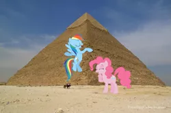Size: 993x661 | Tagged: artist needed, safe, derpibooru import, pinkie pie, rainbow dash, dancing, egypt, egyptian pyramid, female, giggling, irl, lesbian, photo, pinkiedash, ponies in real life, pyramids of giza, shipping, vector