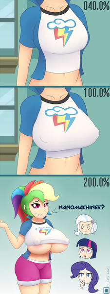 Size: 796x2117 | Tagged: questionable, artist:burstfire, derpibooru import, rainbow dash, rarity, trixie, twilight sparkle, human, 200%, areola, areola slip, belly button, big breasts, breast expansion, breasts, busty rainbow dash, cleavage, drool, female, female focus, growth, heart eyes, huge breasts, humanized, looking at you, metal gear, metal gear rising, nanomachines, nanomachines son, nipples, nudity, open mouth, sexy, smiling, solo focus, stupid sexy rainbow dash, underboob, varying degrees of want, wardrobe malfunction, wingding eyes