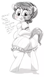 Size: 790x1317 | Tagged: safe, artist:whydomenhavenipples, derpibooru import, oc, oc:dairy anne, unofficial characters only, pony, bipedal, bloomers, blushing, chest fluff, clothes, dialogue, grayscale, large butt, looking back, monochrome, neo noir, pajamas, partial color, plot, socks, solo