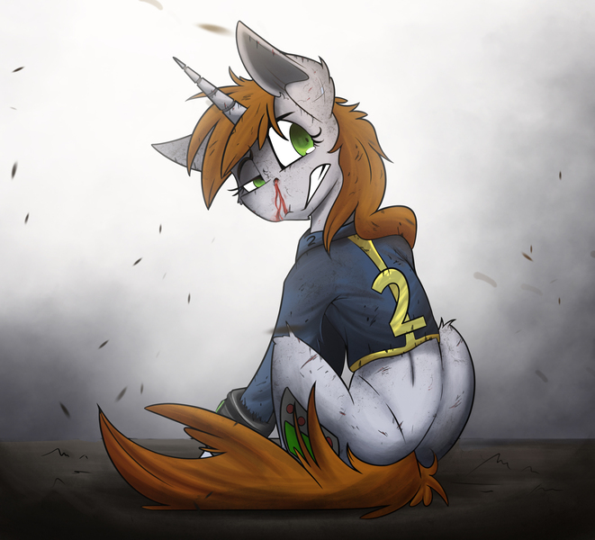 Size: 2726x2475 | Tagged: semi-grimdark, artist:allyster-black, artist:ncmares, artist:ralek, derpibooru import, oc, oc:littlepip, unofficial characters only, pony, unicorn, fallout equestria, fanfic, blood, collaboration, cut, fanfic art, female, hooves, horn, looking back, mare, nosebleed, pipbuck, rear view, sitting, solo, teeth, vault suit