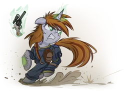 Size: 1024x745 | Tagged: safe, artist:allyster-black, artist:ncmares, artist:ralek, derpibooru import, oc, oc:littlepip, unofficial characters only, pony, unicorn, fallout equestria, fanfic, action pose, badass, clothes, collaboration, fanfic art, female, glowing horn, gritted teeth, gun, gunfire, handgun, hooves, horn, jumpsuit, levitation, little macintosh, looking at something, magic, mare, optical sight, pipbuck, pipleg, revolver, simple background, solo, teeth, telekinesis, transparent background, vault suit, weapon