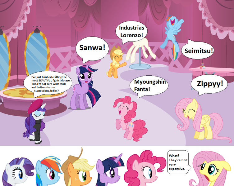 Size: 1024x816 | Tagged: safe, artist:kuren247, derpibooru import, applejack, fluttershy, pinkie pie, rainbow dash, rarity, twilight sparkle, twilight sparkle (alicorn), alicorn, pony, arcade stick, exploitable meme, industrias lorenzo, mane 6 interests, meme, myoungshin fanta, obligatory pony, sanwa, seimitsu, zippyy