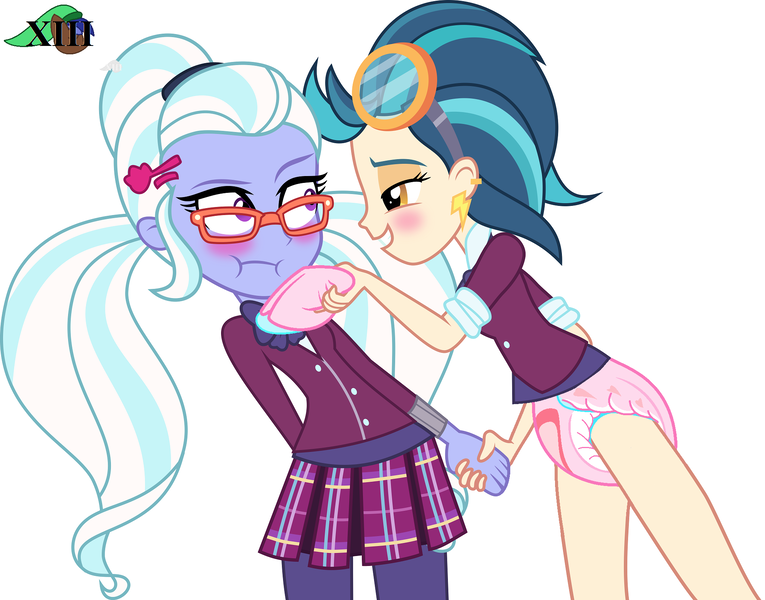 Size: 2000x1568 | Tagged: questionable, artist:mlpcutepic, derpibooru import, edit, indigo zap, sugarcoat, equestria girls, blushing, diaper, diaper edit, diaper fetish